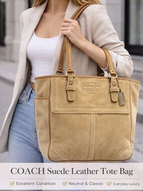 Coach Suede Tote in Tan with Leather Trim classic everyday large shoulder bag